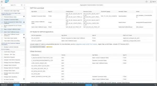 Lista aplikacji Fiori z modułu Sales Order Fulfillment, z opcją eksportu węzłów ICF.