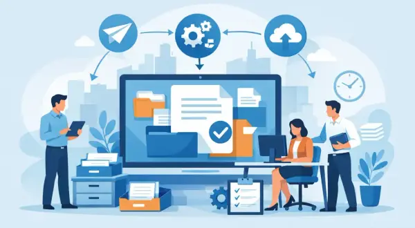 Zespół pracuje nad usprawnieniem **contract lifecycle management**. Grafika przedstawia ludzi, dokumenty, komputer i chmurę, symbolizując cyfrowy obieg umów.