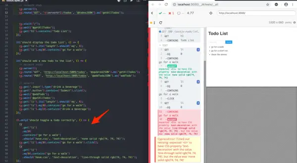 Cypress test w języku polskim: `cypress co to`? Test sprawdza, czy element listy `<li>` ma styl `text-decoration: line-through`.