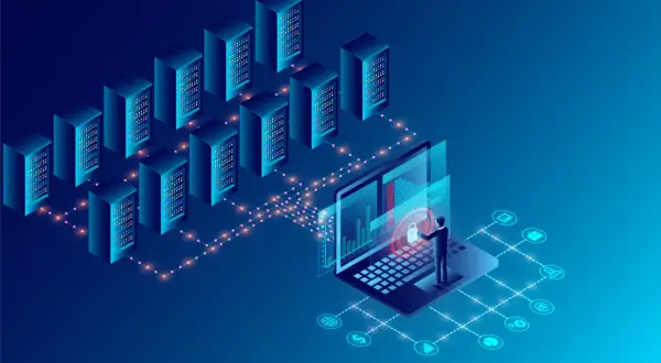 Serwery połączone z laptopem, na którym człowiek analizuje dane. To ilustracja tego, co to jest big data – ogromne zbiory informacji.