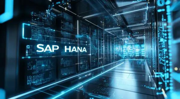 Wirtualny korytarz serwerowni z neonowym napisem SAP HANA, symbolizującym potęgę SAP BTP w cyfrowym świecie.