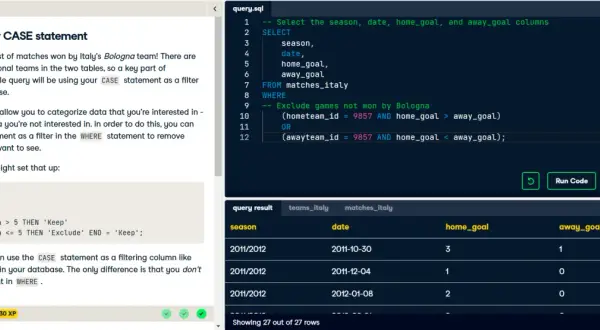 SQL: Wyświetlanie meczów wygranych przez Bolognę za pomocą instrukcji CASE w klauzuli WHERE.