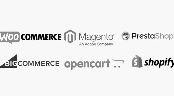 Loga platform e-commerce: WooCommerce, Magento, PrestaShop, BigCommerce, OpenCart, Shopify.