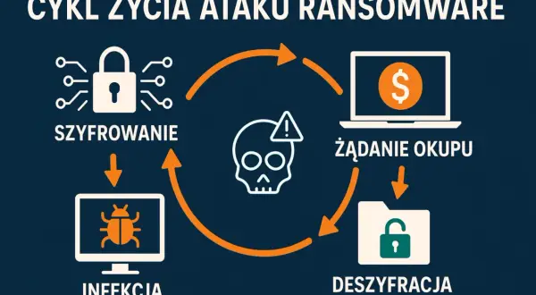 Cykl życia ataku ransomware: szyfrowanie, infekcja, żądanie okupu, deszyfracja. Zrozumienie tego cyklu jest kluczowe w walce z atakami ransomware w Polsce.