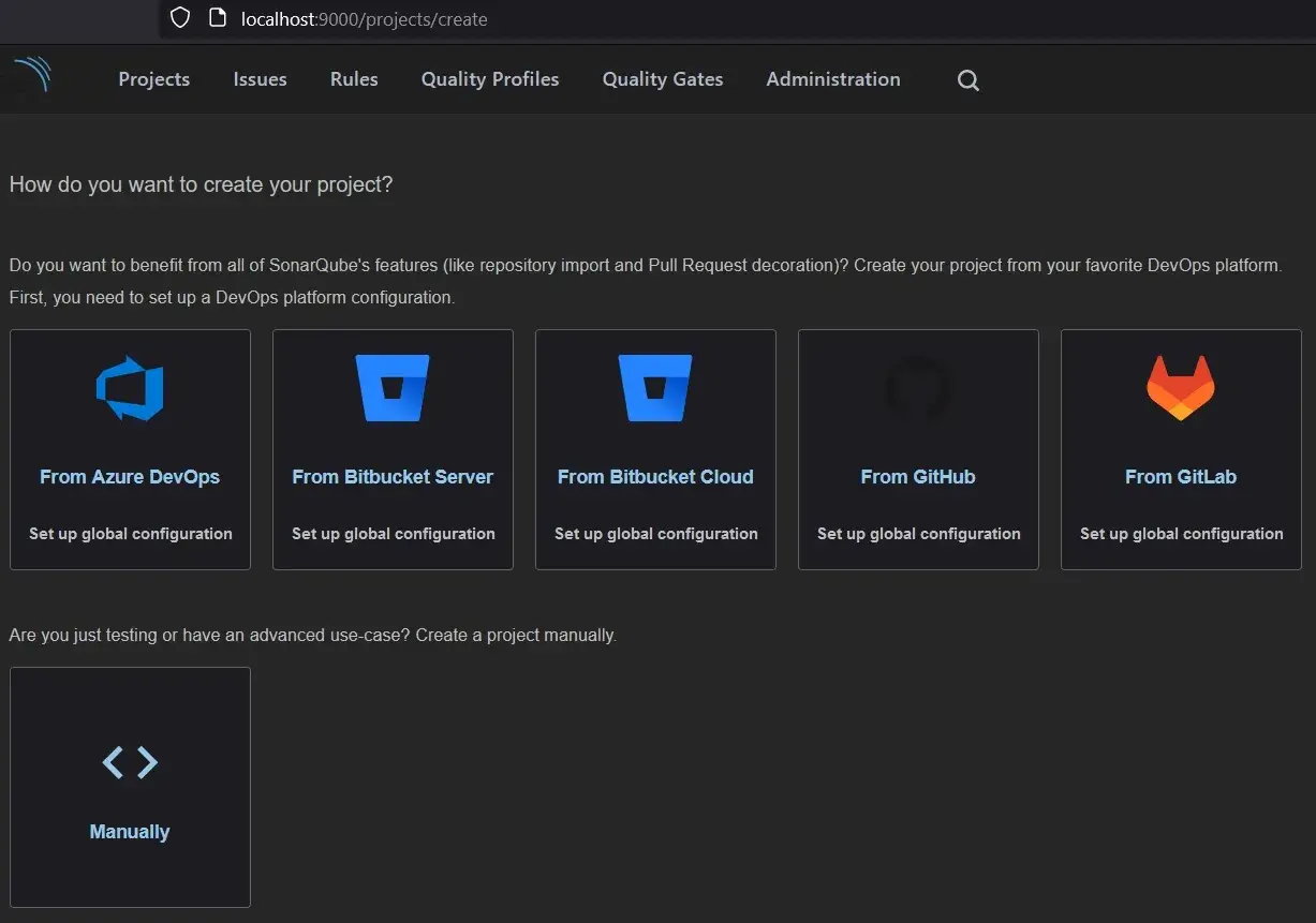 Tworzenie projektu w SonarQube: wybierz integrację z Azure DevOps, Bitbucket, GitHub, GitLab lub utwórz ręcznie. Umożliwia to statyczna analiza kodu.