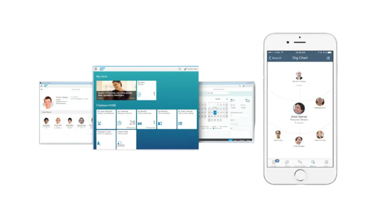 SAP HCM na ekranach: telefon z wykresem organizacyjnym, komputer z panelem pracownika i kalendarzem.