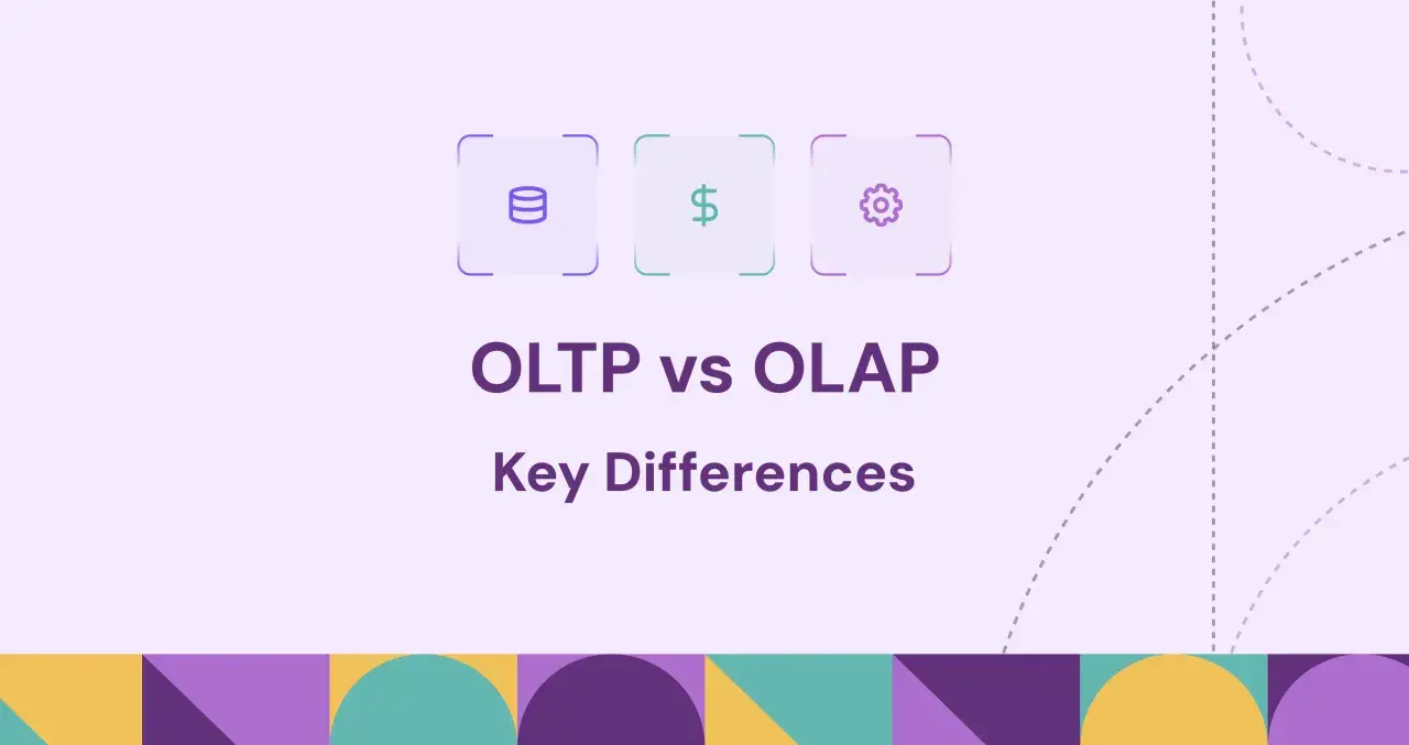 Ikony symbolizujące dane, pieniądze i procesy. Tytuł "OLTP vs OLAP: Kluczowe Różnice" wyjaśnia kontekst.