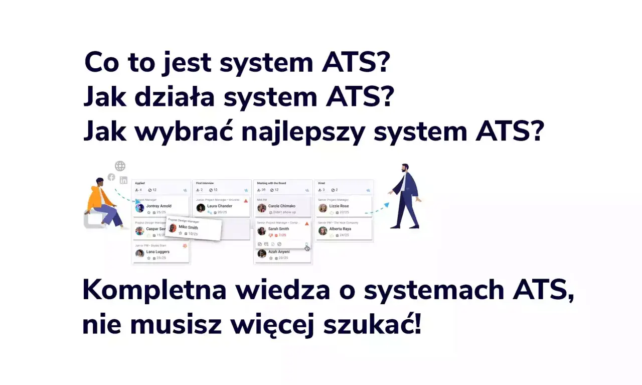 System ATS to narzędzie do zarządzania rekrutacją. Grafika pokazuje etapy procesu, od aplikacji po zatrudnienie.