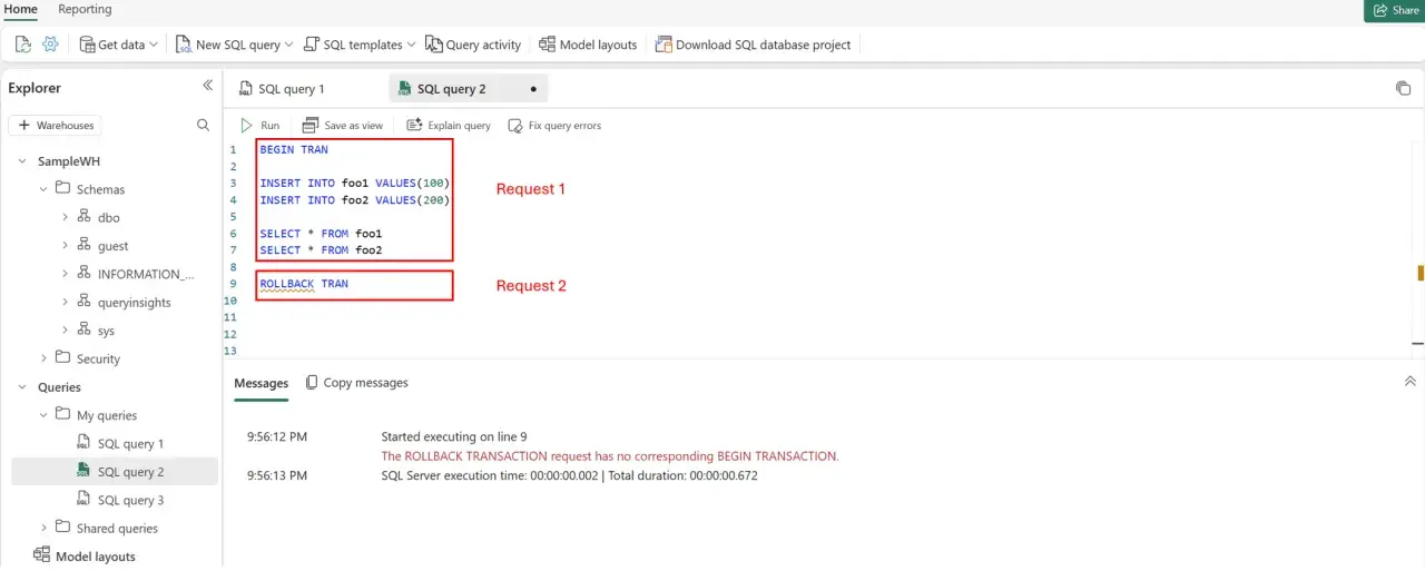 Kod SQL z transakcją, która próbuje wycofać zmiany bez ich rozpoczęcia. To przykład, jak nie używać common table expression.