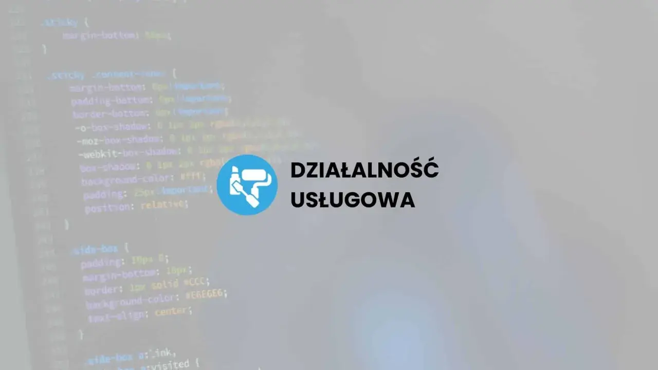 Kod PHP i ikona malowania z tekstem "Działalność usługowa". To może być wizytówka php developera.