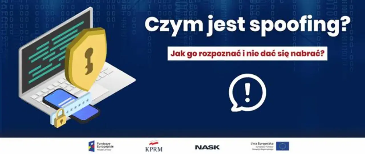 Czym jest spoofing? Grafika przedstawia laptop, telefon i tarczę z kluczem, symbolizujące bezpieczeństwo. Jak go rozpoznać i nie dać się nabrać?