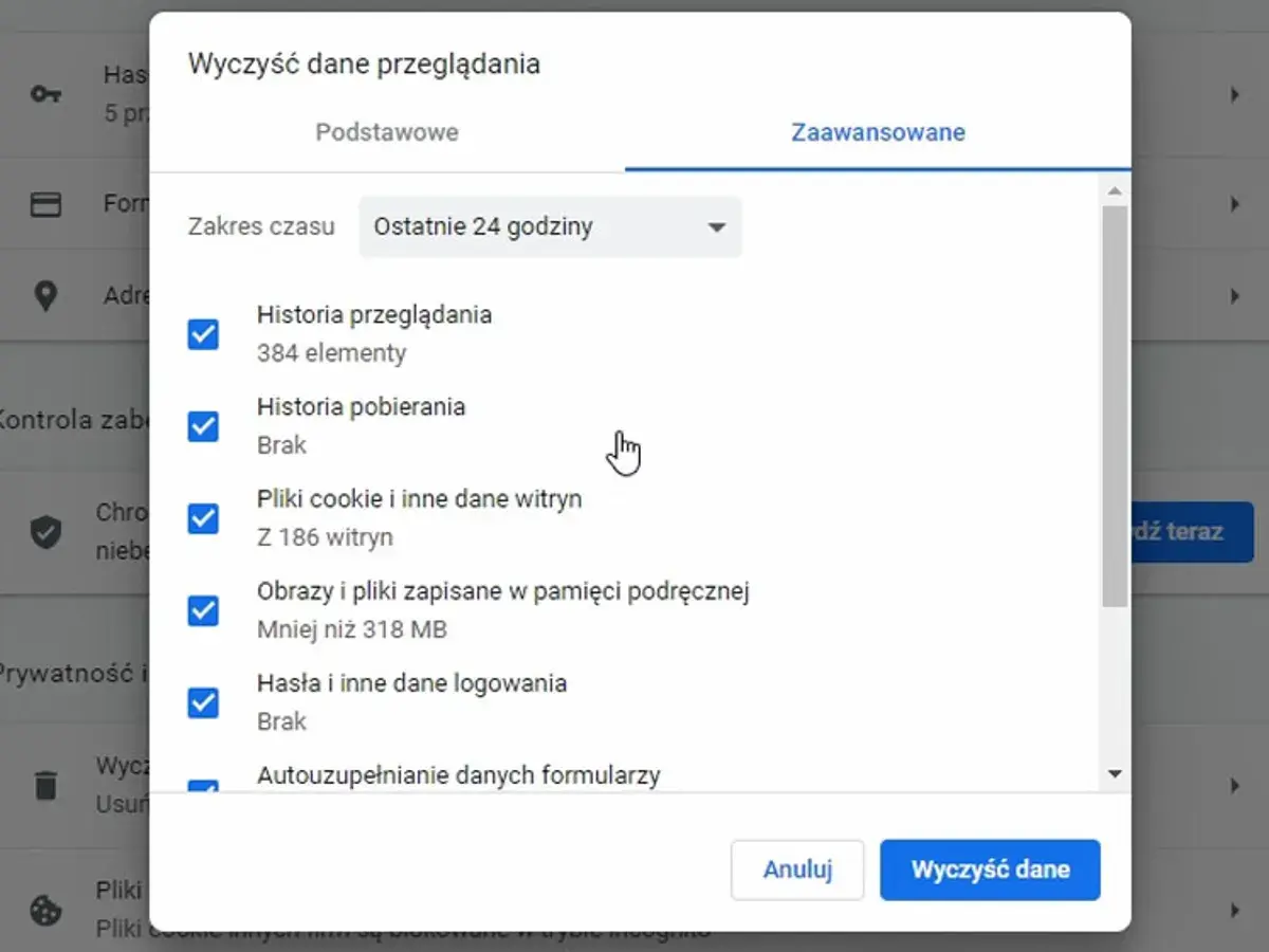 Okienko "Wyczyść dane przeglądania" w przeglądarce. Zaznaczone opcje: historia przeglądania, pliki cookie, obrazy i pliki podręczne, hasła. To może pomóc w walce z **hijackware co to** jest.