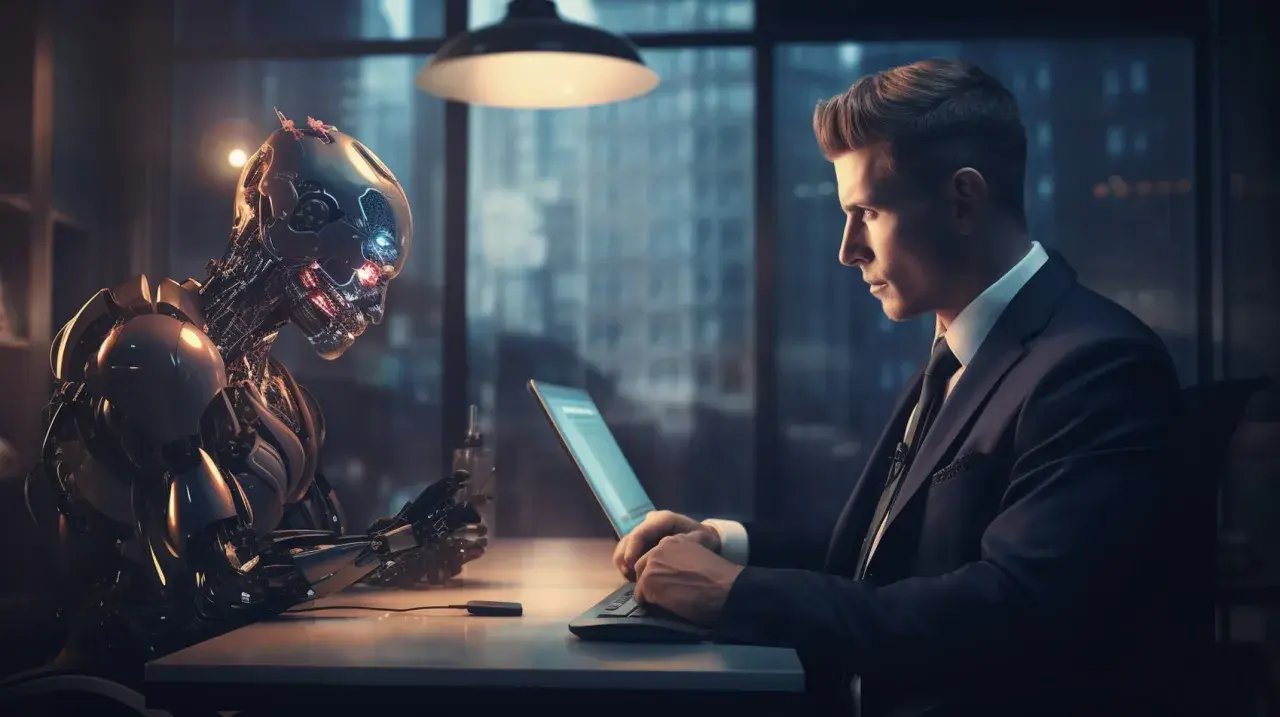 Mężczyzna w garniturze pracuje przy laptopie, obok niego siedzi zaawansowany robot. Czy to przyszłość programowania w java 18?