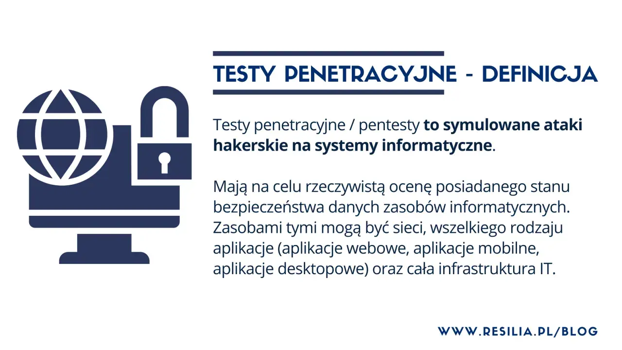 Grafika przedstawia ikonę komputera z globusem i otwartą kłódką, symbolizującą **ethical hacking** i testy penetracyjne systemów.