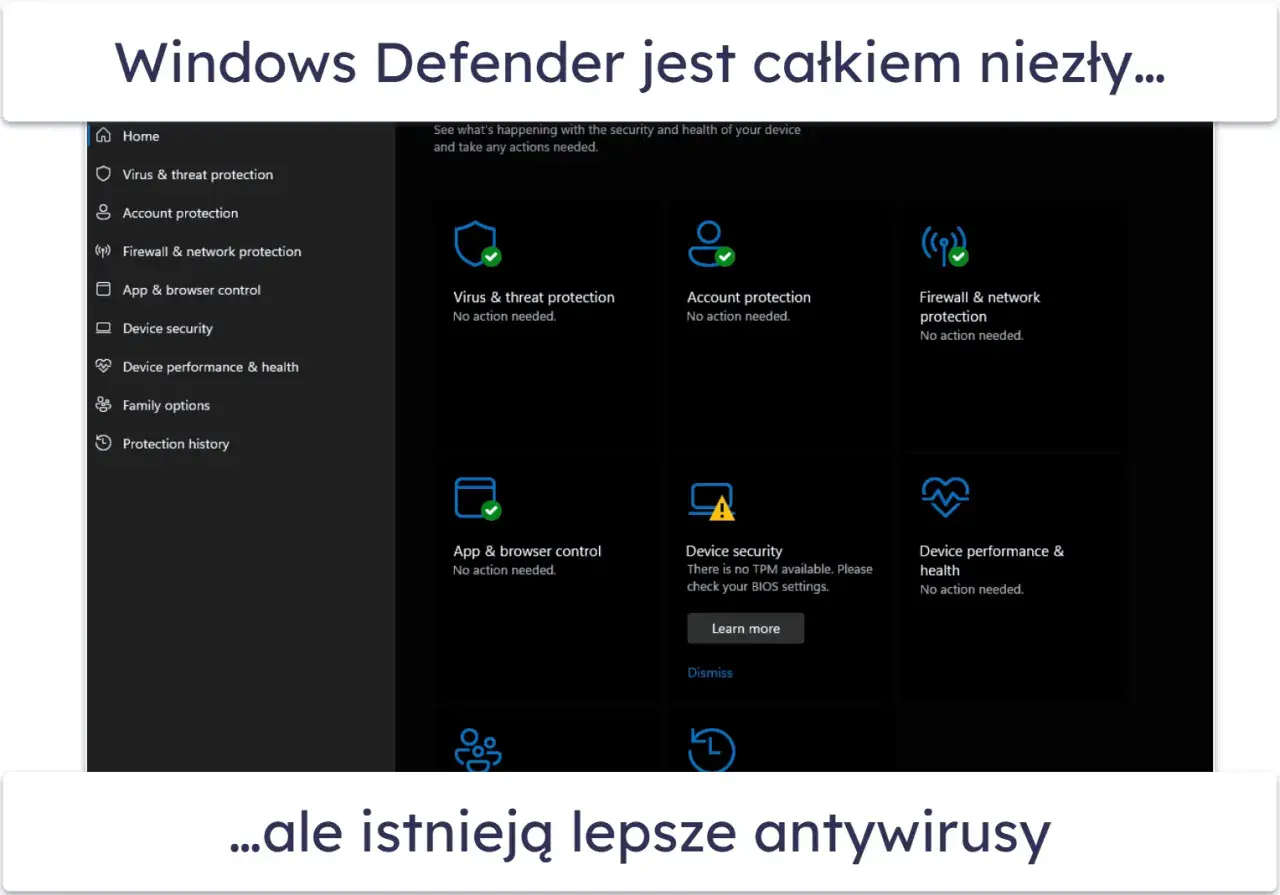 Interfejs Windows Defender, który działa jak darmowy skaner antywirusowy, pokazuje brak zagrożeń.