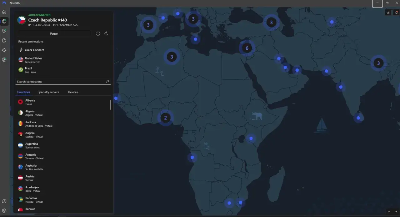 Interfejs NordVPN pokazuje mapę świata z zaznaczonymi serwerami. Po lewej stronie lista krajów, np. Albania, Algieria. To pokazuje, nordvpn co to.