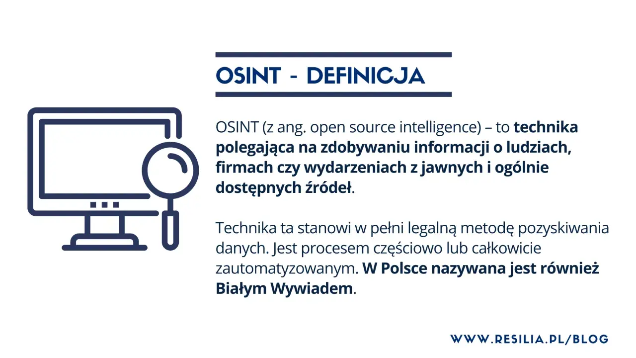 Grafika wyjaśnia, osint co to: technika zdobywania informacji z jawnych źródeł, znana też jako Biały Wywiad.
