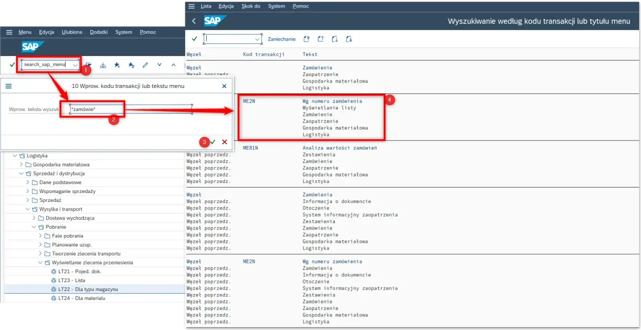 Wyszukiwanie transakcji finansowych SAP. Wpisano "*zamówie*", wyświetlono transakcje ME2N i ME81N związane z zamówieniami.