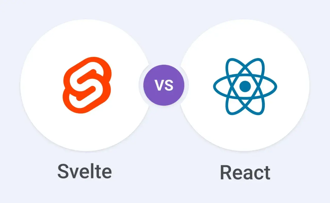 Porównanie Svelte vs React: ikony obu technologii webowych obok siebie, z napisem "VS" pośrodku.