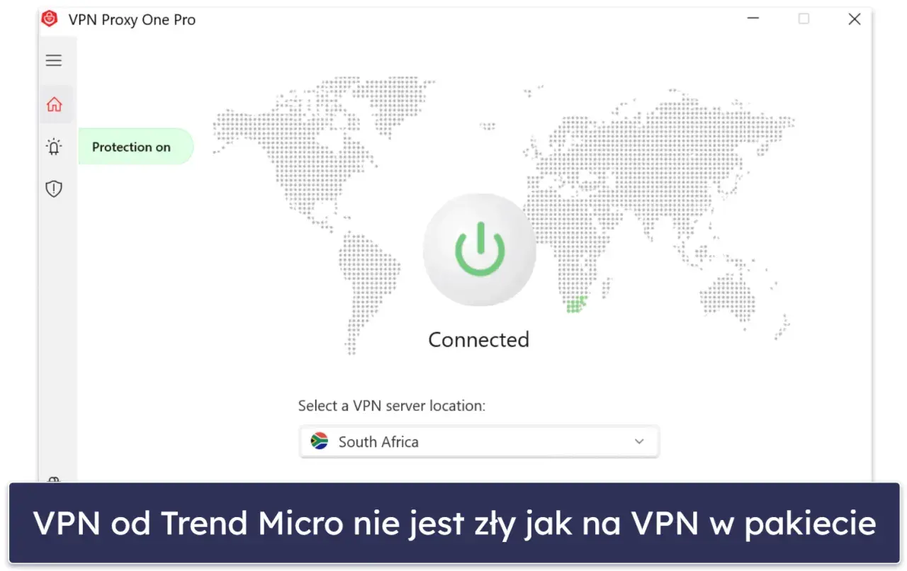 Interfejs VPN od Trend Micro z mapą świata, przyciskiem połączenia i zaznaczonym serwerem w RPA.