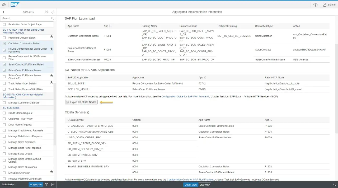 Lista aplikacji Fiori z modułu Sales Order Fulfillment, z opcją eksportu węzłów ICF.