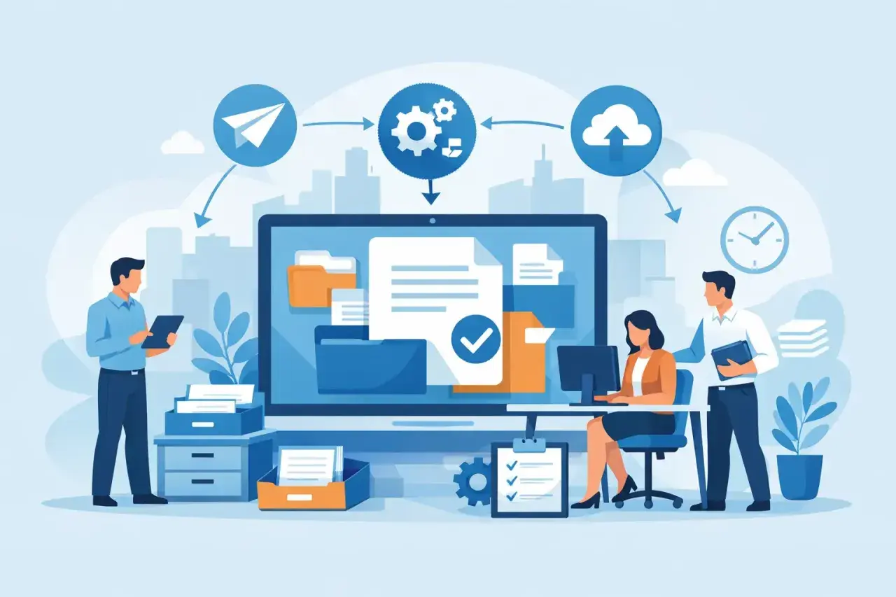 Zespół pracuje nad usprawnieniem **contract lifecycle management**. Grafika przedstawia ludzi, dokumenty, komputer i chmurę, symbolizując cyfrowy obieg umów.