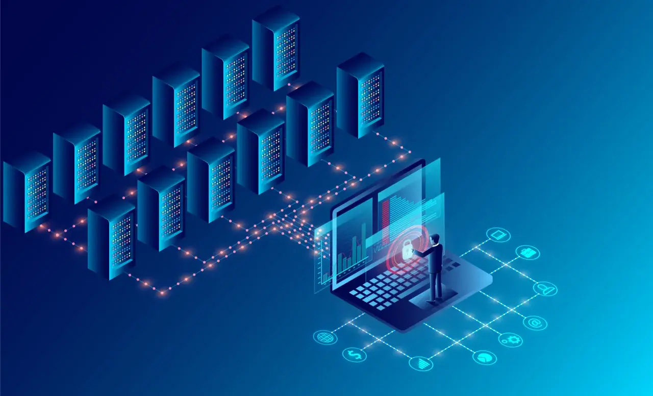 Serwery połączone z laptopem, na którym człowiek analizuje dane. To ilustracja tego, co to jest big data – ogromne zbiory informacji.