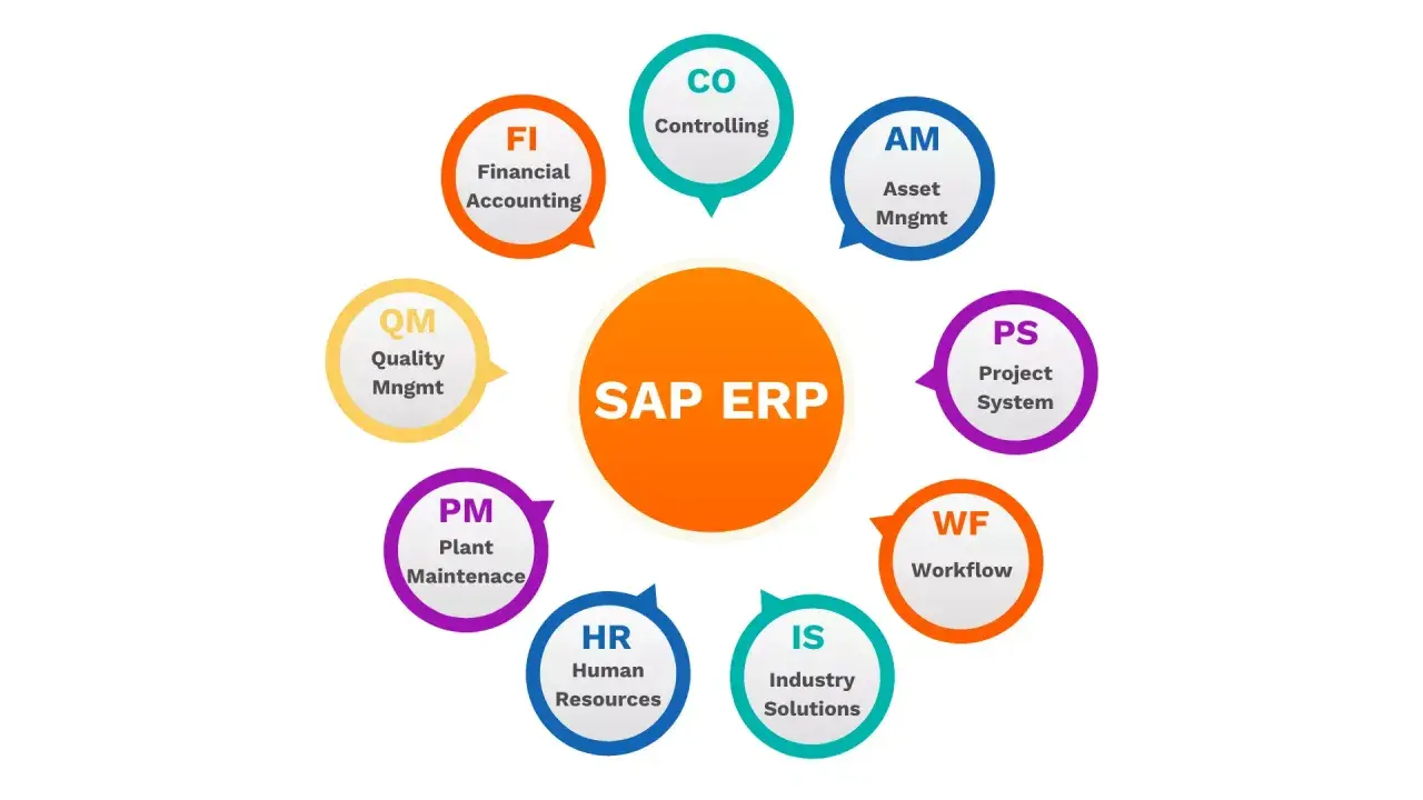 Schemat modułów systemu SAP ERP: FI, CO, AM, PS, WF, IS, HR, PM, QM.
