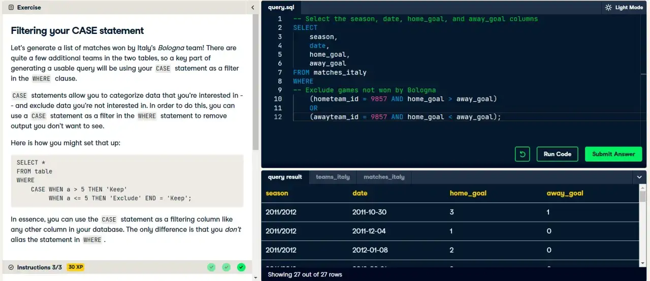 SQL: Wyświetlanie meczów wygranych przez Bolognę za pomocą instrukcji CASE w klauzuli WHERE.
