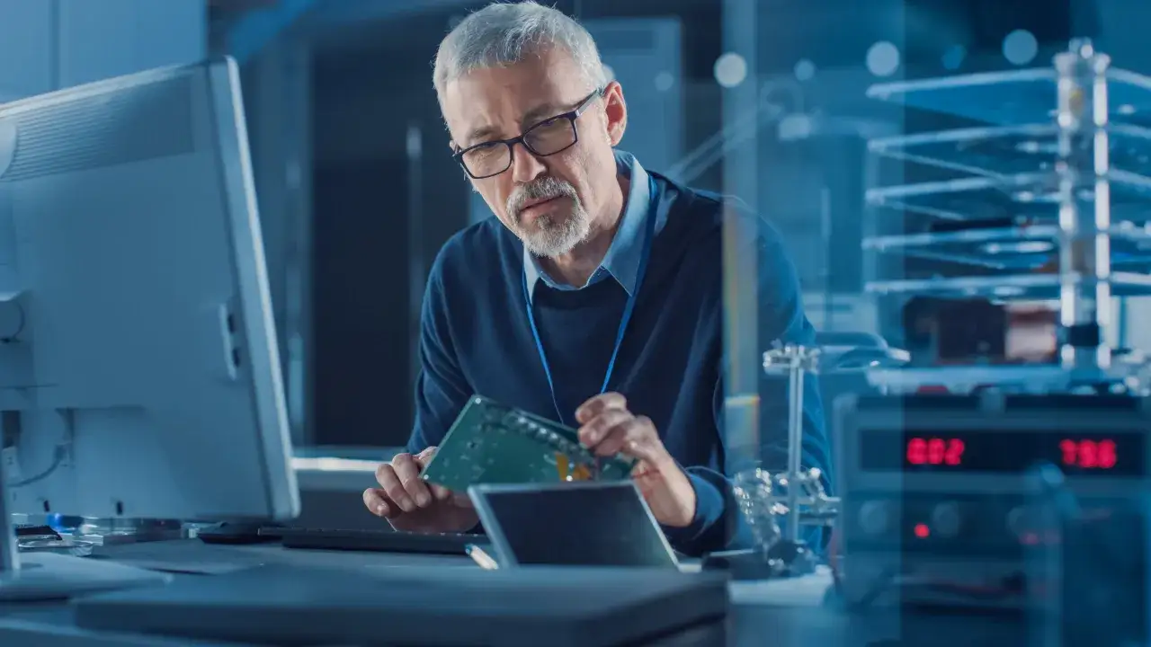Doświadczony embedded developer analizuje płytkę drukowaną przy biurku z komputerem i sprzętem elektronicznym.