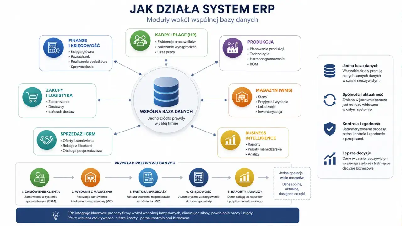 Schemat działania systemu ERP, pokazujący moduły (finanse, kadry, produkcja, magazyn, sprzedaż, zakupy, BI) i wsp&oacute;lną bazę danych.