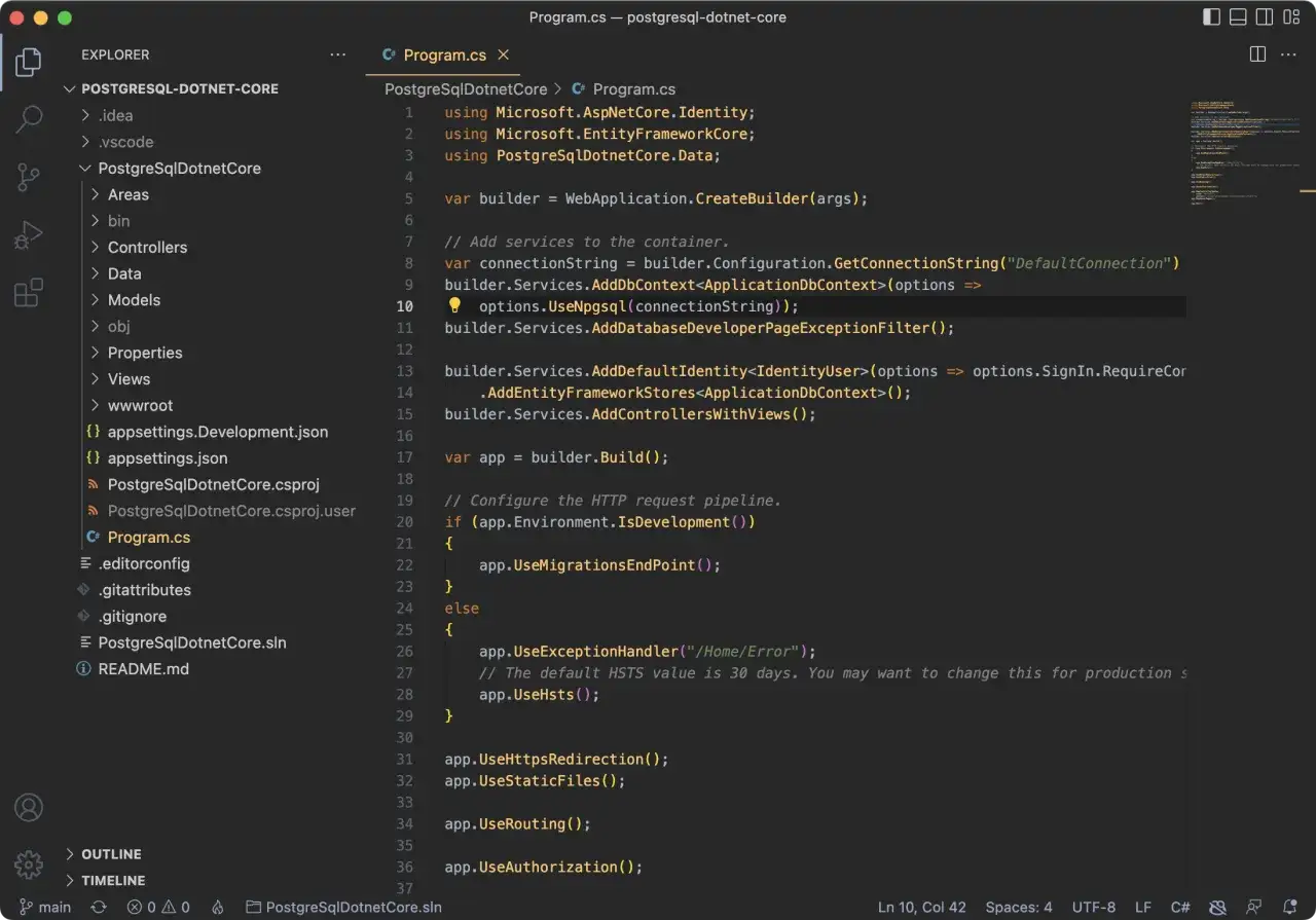 Kod programu C# dla junior .NET developer, konfiguracja połączenia z bazą danych PostgreSQL w Visual Studio Code.