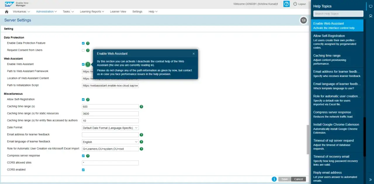 Ustawienia serwera SAP Enable Now: włączanie Asystenta Web, konfiguracja czasu buforowania i inne opcje.