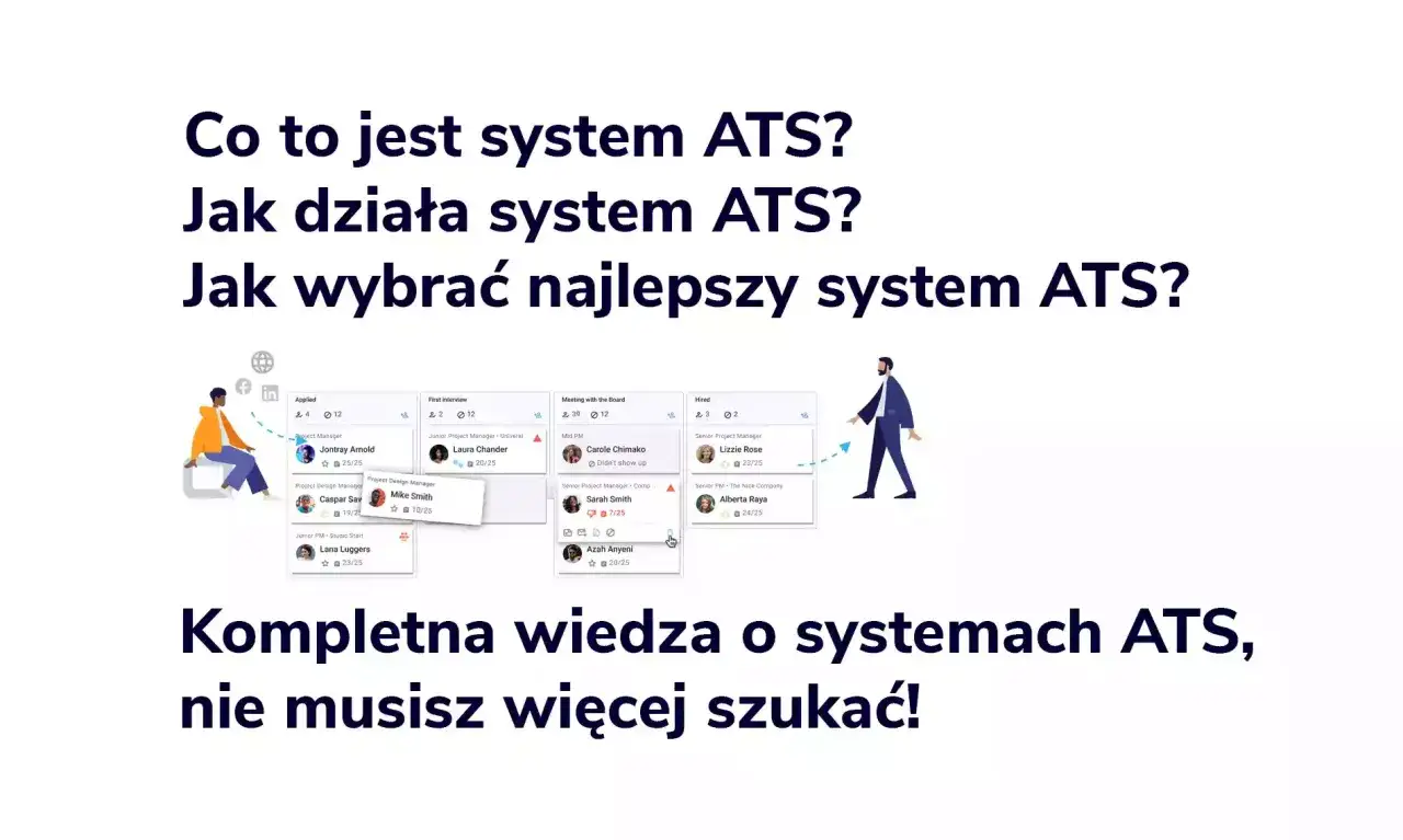 Grafika wyjaśnia, co to jest system ATS, jak działa i jak wybrać najlepszy. Widzimy wizualizację procesu rekrutacji w systemie ATS.
