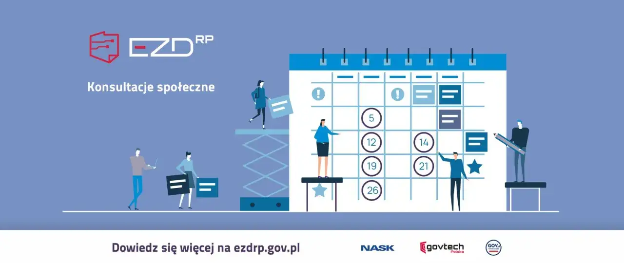 Grafika ilustruje konsultacje społeczne jako element rozwiązań dla administracji publicznej. Ludzie wsp&oacute;łpracują przy kalendarzu, planując działania.