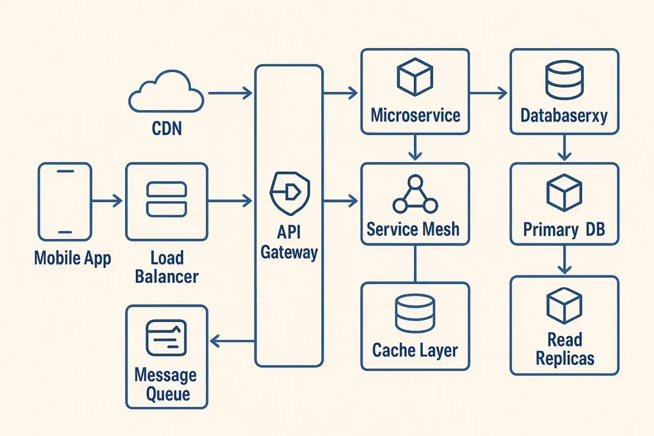 Schemat architektury aplikacji mobilnej z CDN, Load Balancer, API Gateway, Microservice, Service Mesh, Cache Layer, bazami danych i kolejką komunikat&oacute;w. To jest backend development.