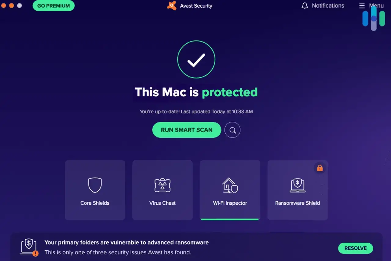 Interfejs Avast Security informuje, że Mac jest chroniony. Kliknij