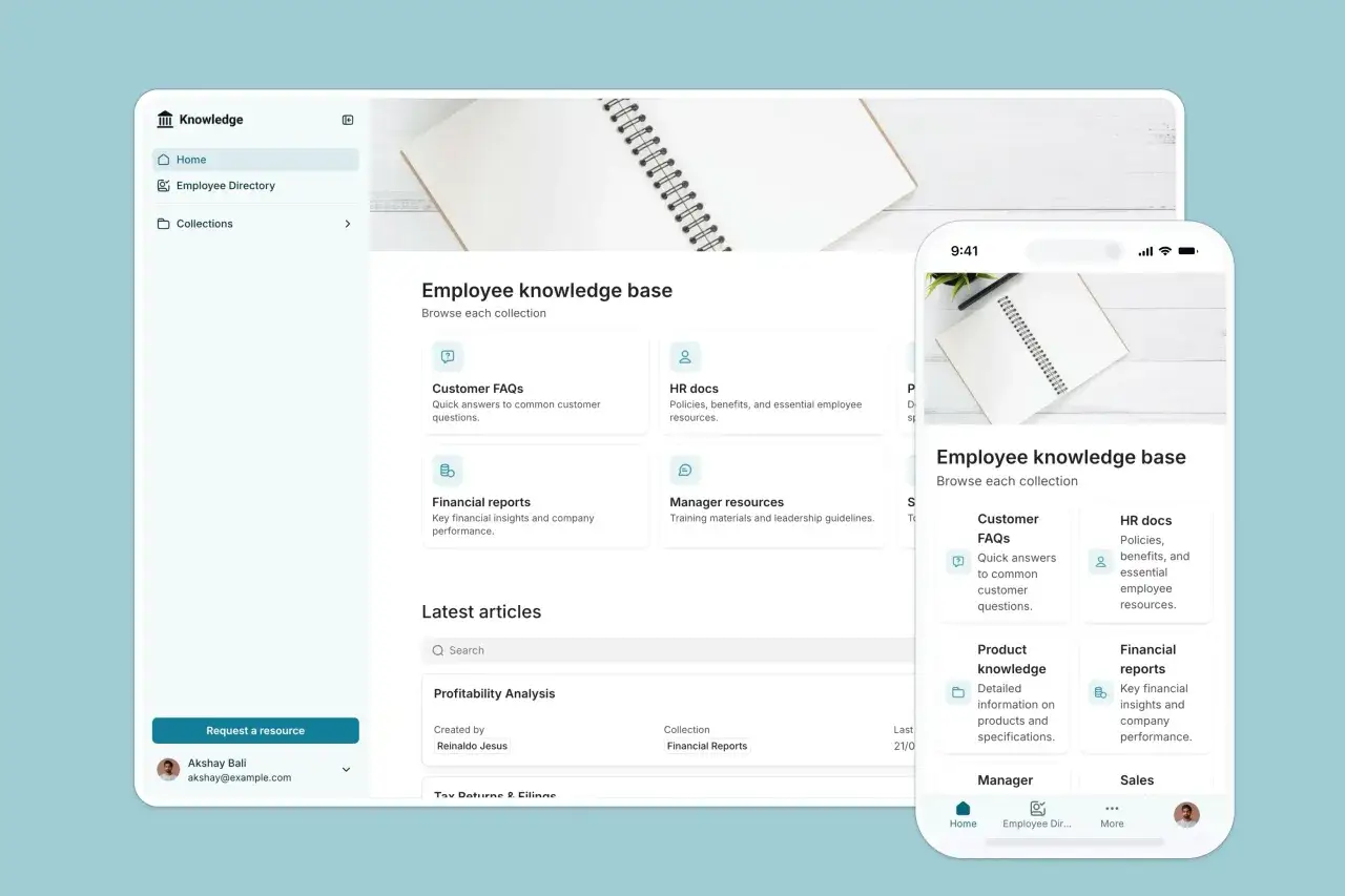 Interfejs aplikacji do zarządzania wiedzą, prezentujący bazy wiedzy dla pracowników, takie jak FAQ, HR docs i raporty finansowe.