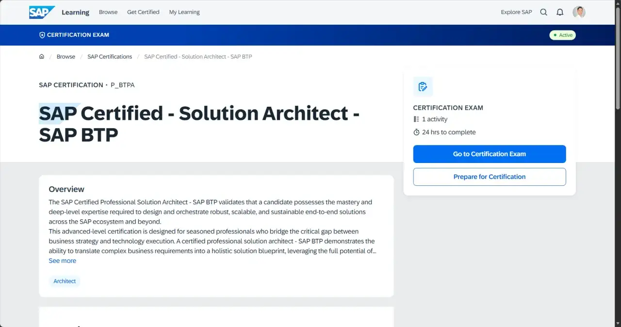 Strona z opisem certyfikacji SAP Certified - Solution Architect - SAP BTP. Możliwość rozpoczęcia egzaminu lub przygotowania.