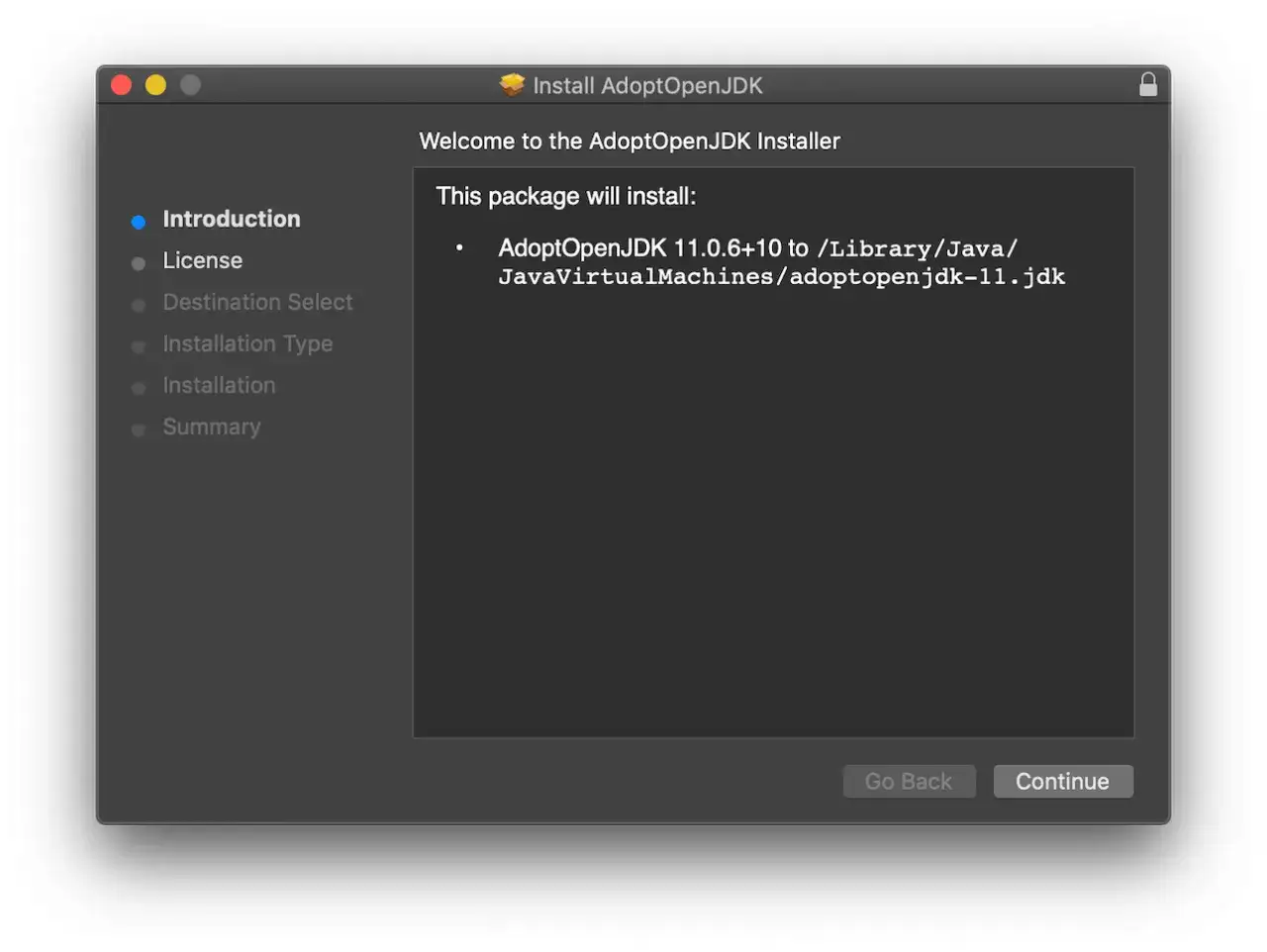 Instalator AdoptOpenJDK na Macu. Konfiguracja java for mac, ścieżka instalacji /Library/Java/.