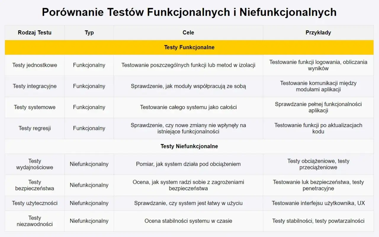 Tabela por&oacute;wnująca metodykę test&oacute;w funkcjonalnych i niefunkcjonalnych, ich cele i przykłady.