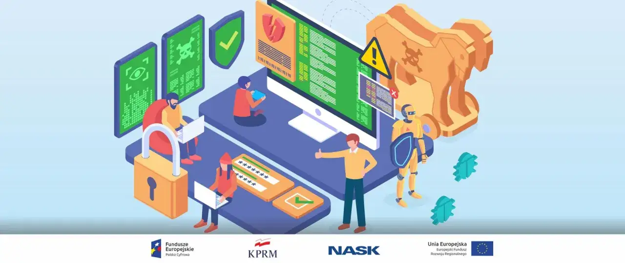 Ilustracja pokazuje, jak chronić się przed malware. Widzimy ludzi pracujących przy komputerach, symbol konia trojańskiego i kł&oacute;dkę.