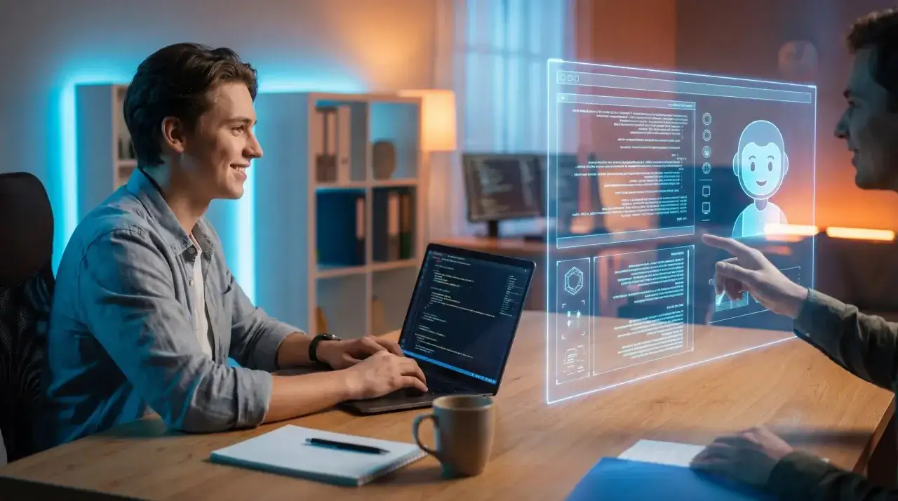 Dw&oacute;ch programist&oacute;w pracuje nad projektem, analizując kod na laptopie i interaktywnym ekranie holograficznym.