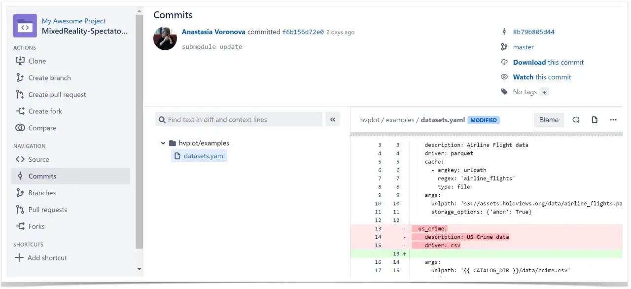 Widok repozytorium Bitbucket: lista commitów, szczegóły pliku datasets.yaml z zaznaczonymi zmianami.