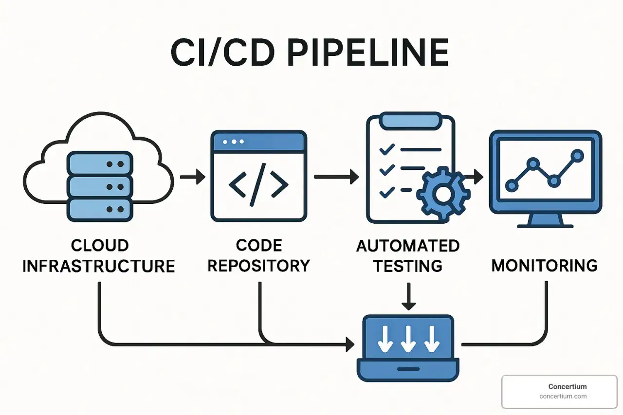 Schemat CI/CD: chmura, repozytorium kodu, automatyczne testy i monitoring. Tak działa praca w chmurze.