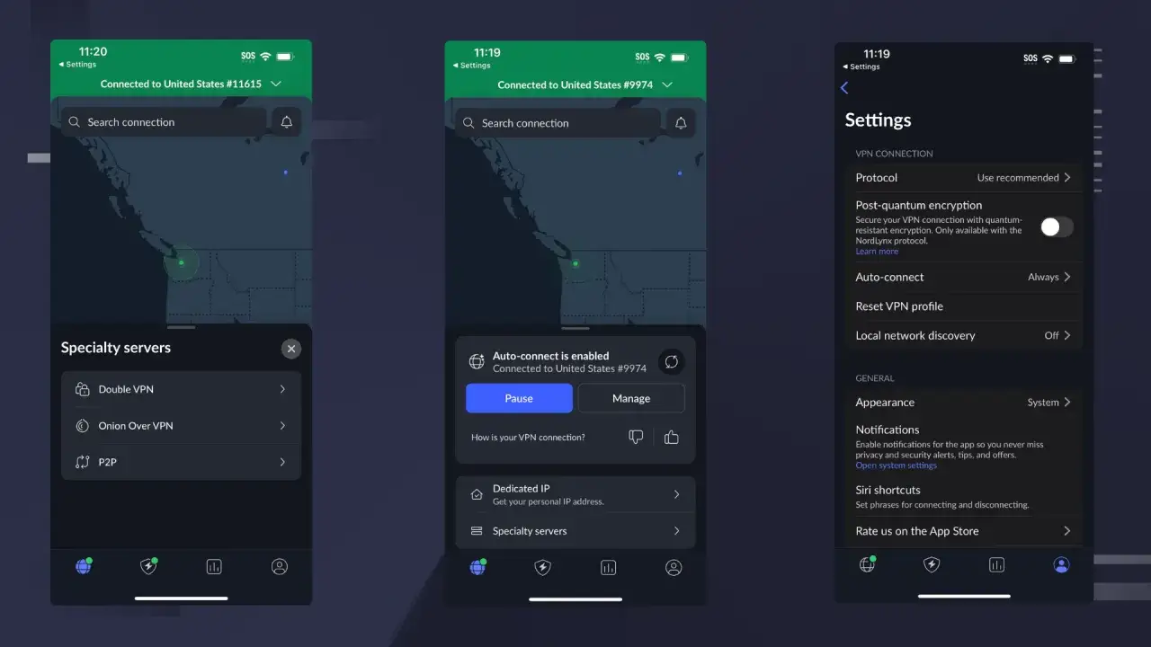 Ekran aplikacji VPN, pokazujący ustawienia i połączenie. Dowiedz się, nordvpn co to jest i jak działa.