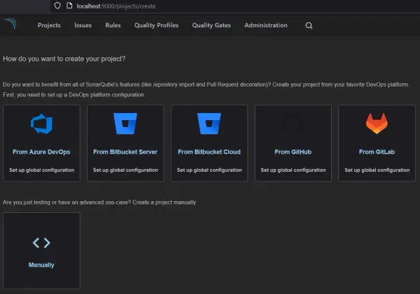 Tworzenie projektu w SonarQube: wybierz integrację z Azure DevOps, Bitbucket, GitHub, GitLab lub utwórz ręcznie. Umożliwia to statyczna analiza kodu.