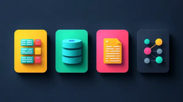 Ikony reprezentujące dane: lista, baza NoSQL, dokument i sieć.