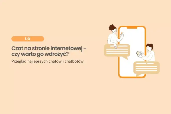 Dwie osoby rozmawiają przez telefon, symbolizując czat na żywo. Grafika ilustruje temat "Czat na stronie internetowej – czy warto go wdrożyć?".
