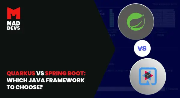 Porównanie Quarkus vs Spring Boot. Grafika przedstawia loga obu frameworków i dane dotyczące wydajności.